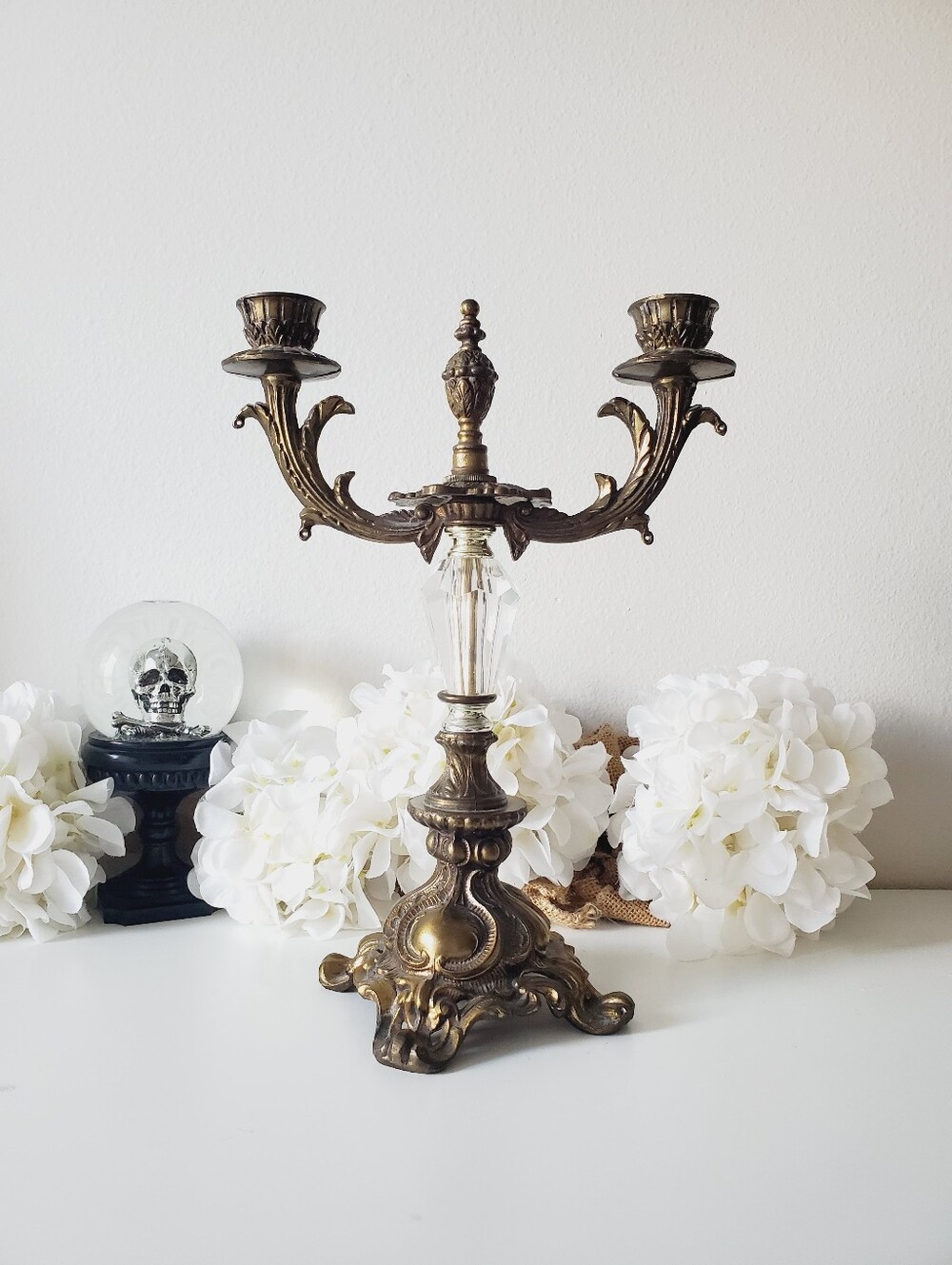 Vintage Brass & Cut Glass 2-Arm Candelabra Candle Holder